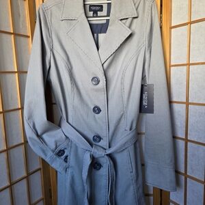NWT Womens Sonoma Blue/White Stripes Stretch Cotton Trench Coat Size Small